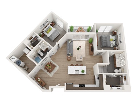 Floor plan for 2 beds, 2 baths, 1135 sqft